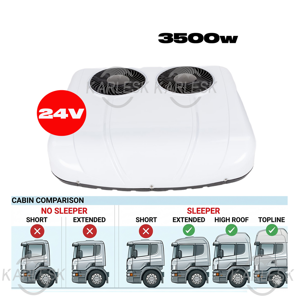 Karlesk YD2-WRR 24V rooftop parking air conditioner, 3500 W, and truck cab compatibility chart